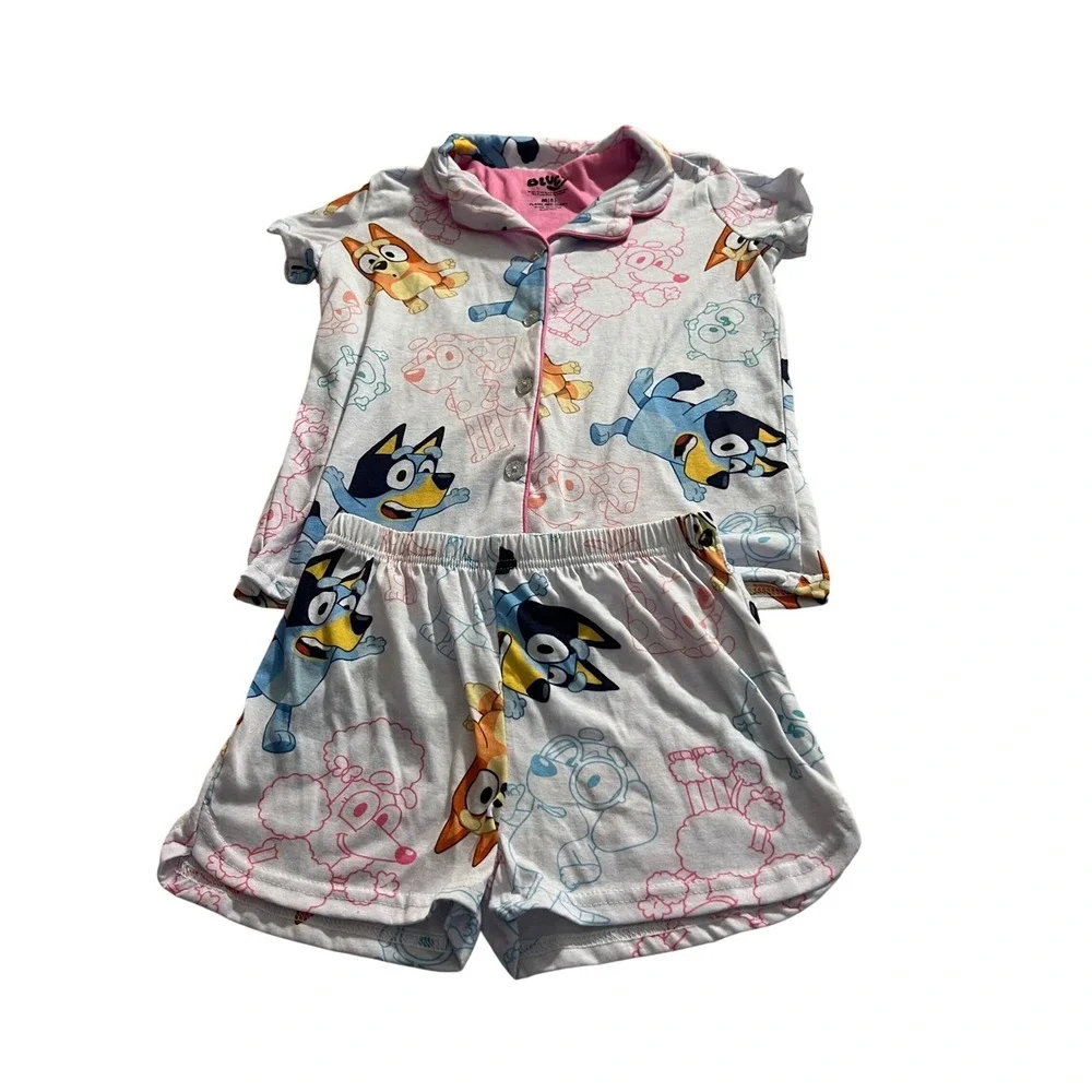 Bluey Girls Pajama Set Short Sleeve Button Down Shirt and Shorts Size M 8 Pink